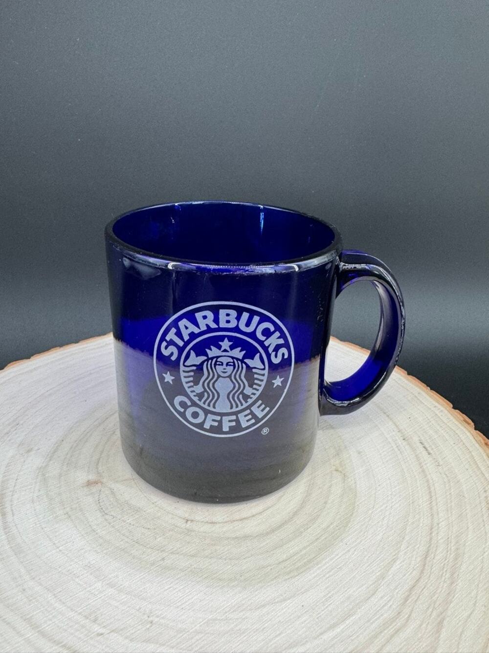 Vintage 1990s Starbucks Cobalt Blue Glass 12 oz Mug Etched Siren Logo USA